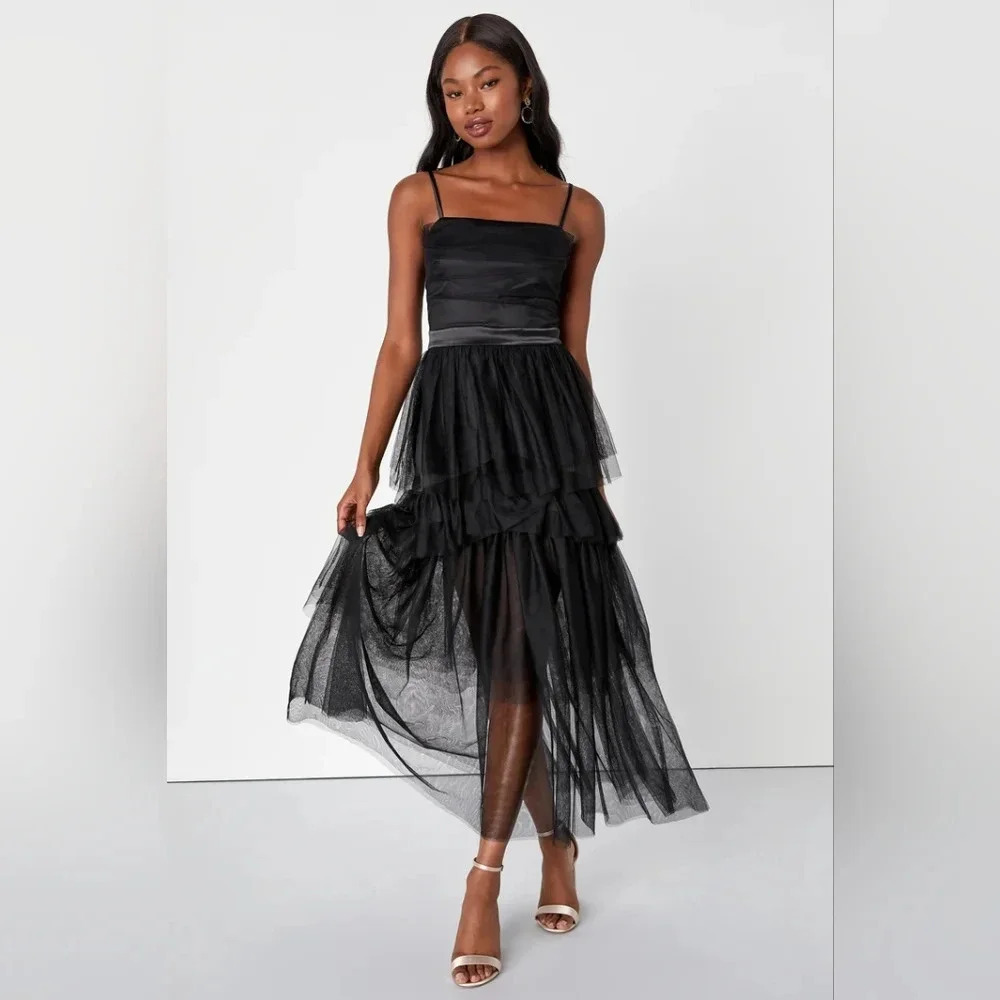Lulus Sultry Sweetness Black Tiered Tulle Maxi Dress M Wedding Party Guest Dark - Picture 2 of 11